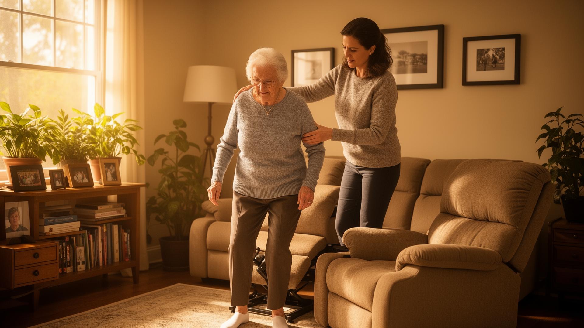 Adult daughter helping her mother stand from a lift chair in a warm, sunlit home